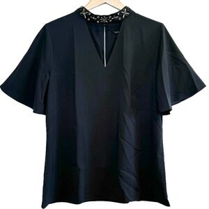 Ann Taylor, Short Sleeve, Rhinestone Detail Neck, Navy Blue, Blouse, Size 14